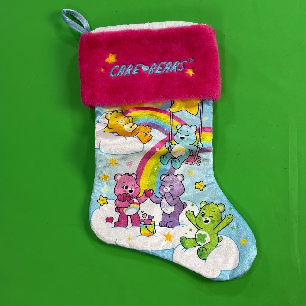 Care Bears Kids Christmas Stocking Blue/Pink Rainbow Faux Fur Trim Holiday Decor